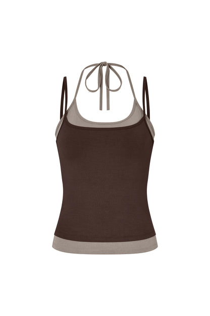 Layered Halter Neck Tank - Brown-Sable