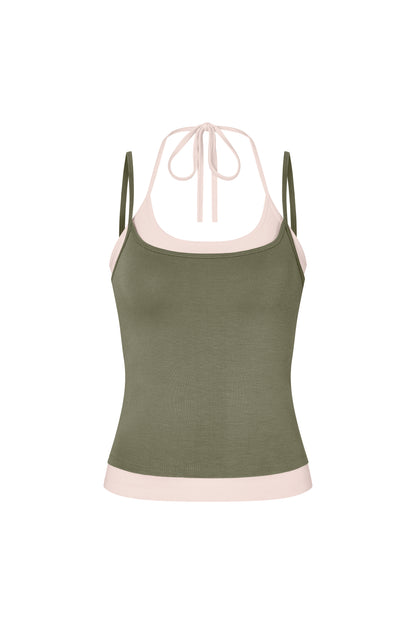 Layered Halter Neck Tank - Moss-Powder