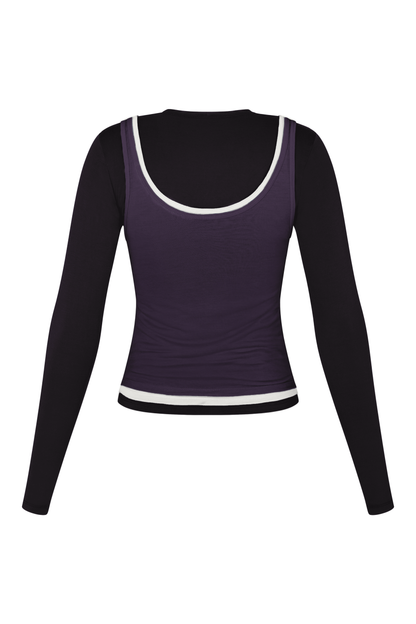 Long Sleeve Layered Top in Black/White/Purple