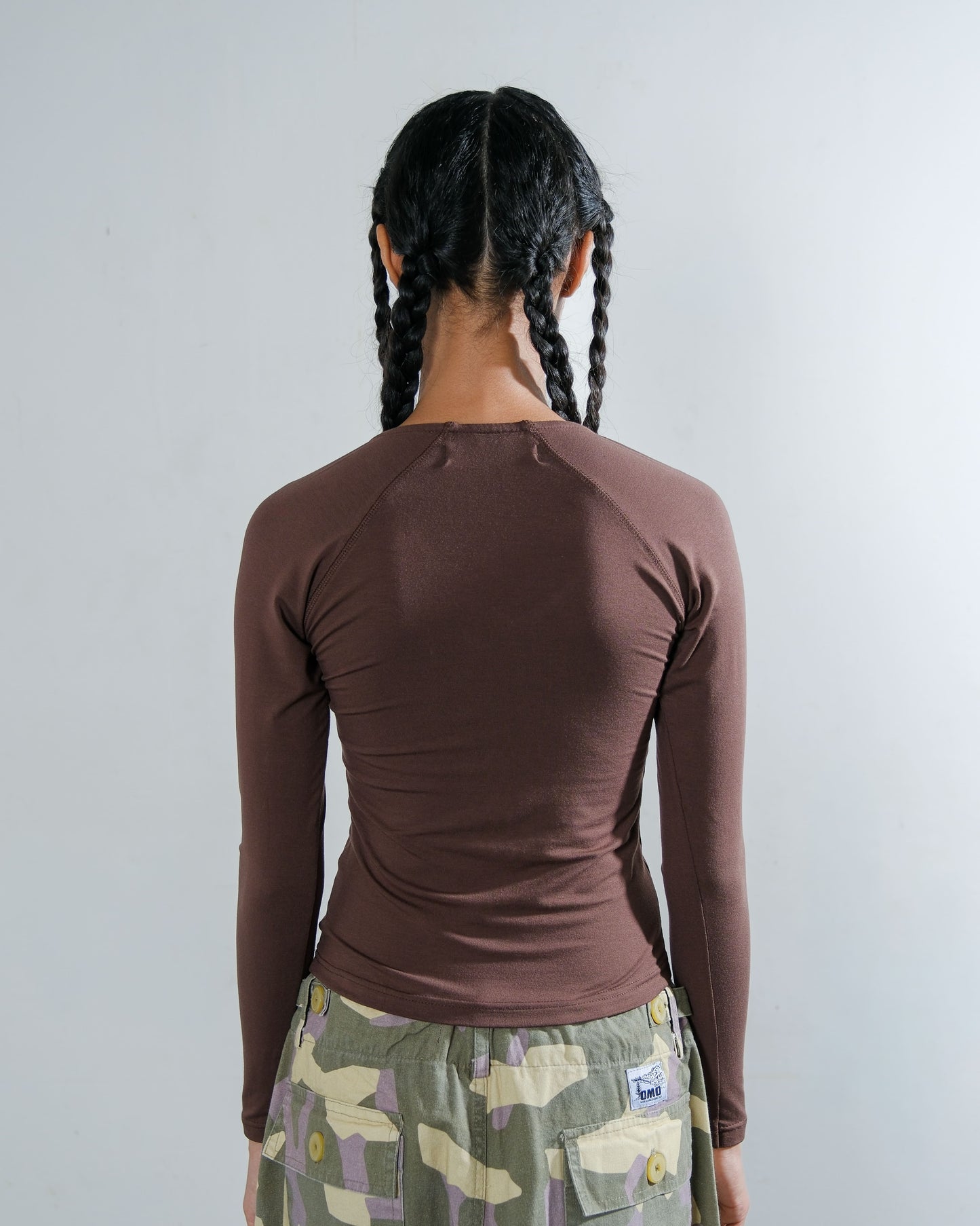 V-Neck Long Sleeve Top in Brown