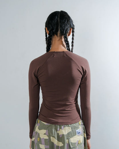 V-Neck Long Sleeve Top in Brown