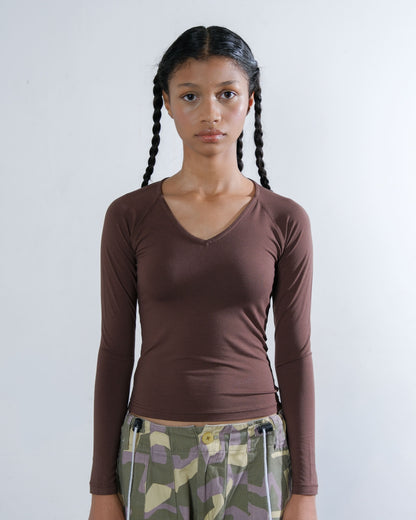 V-Neck Long Sleeve Top in Brown