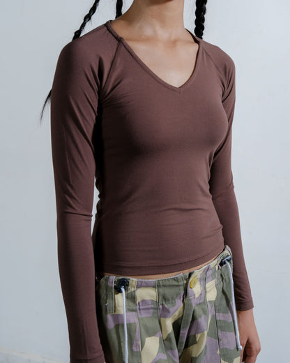 V-Neck Long Sleeve Top in Brown