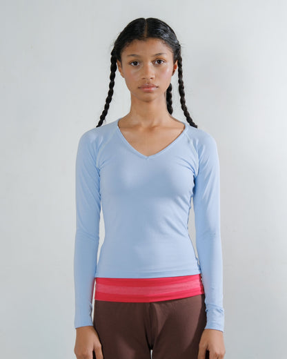 V-Neck Long Sleeve Top in Baby Blue