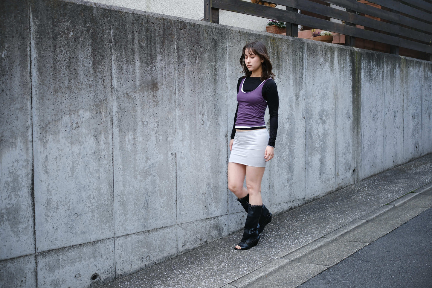 Long Sleeve Layered Top in Black/White/Purple