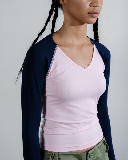V-Neck Long Sleeve Top in Pink/Navy