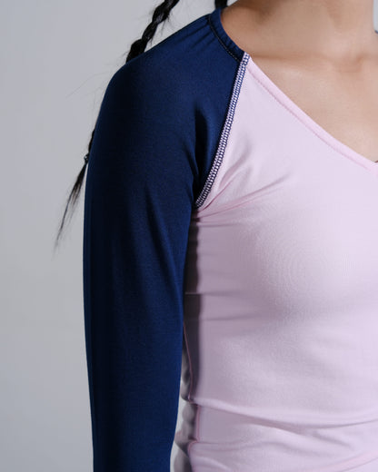 V-Neck Long Sleeve Top in Pink/Navy