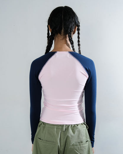 V-Neck Long Sleeve Top in Pink/Navy