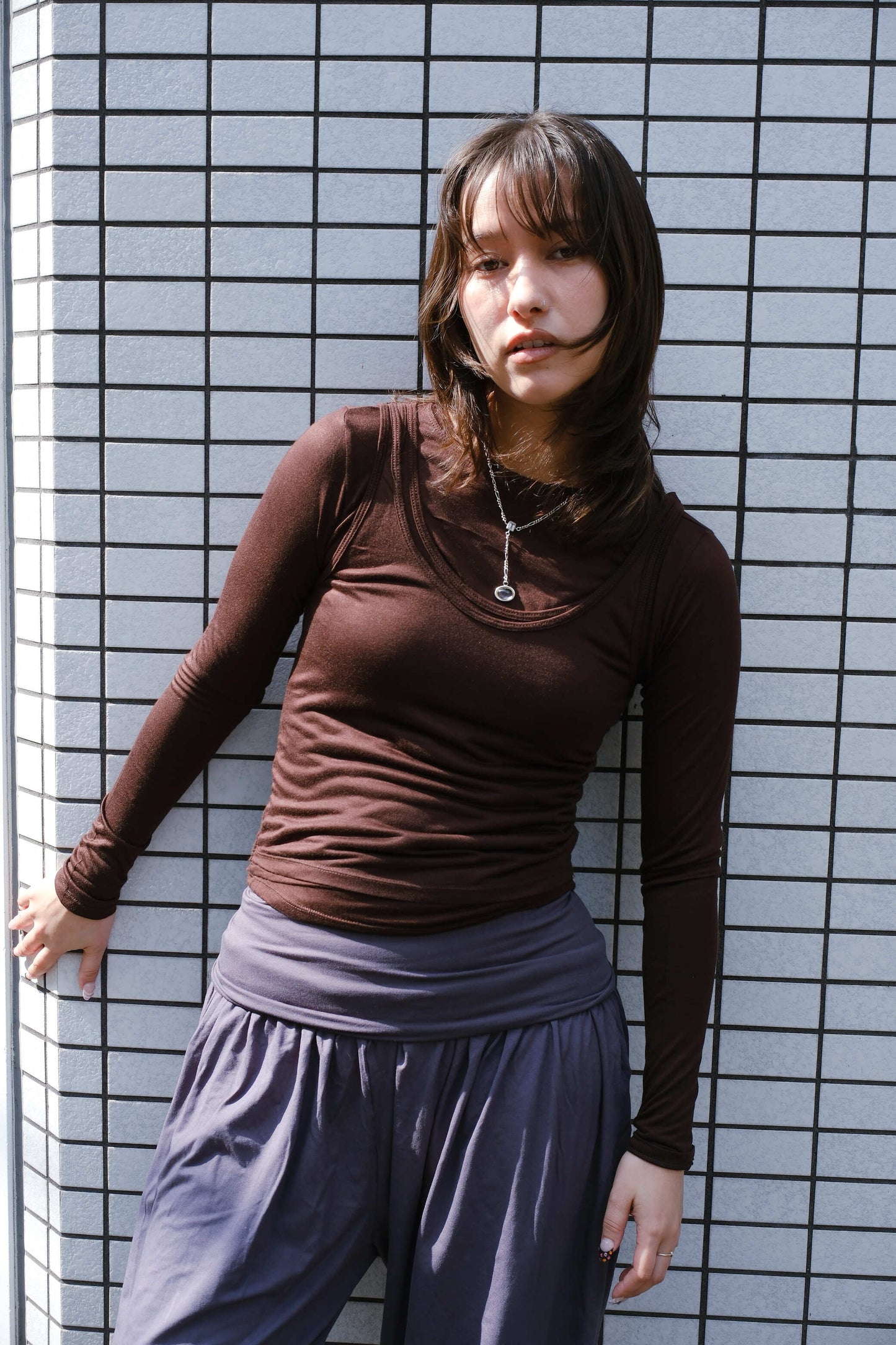 Long Sleeve Layered Top in Brown