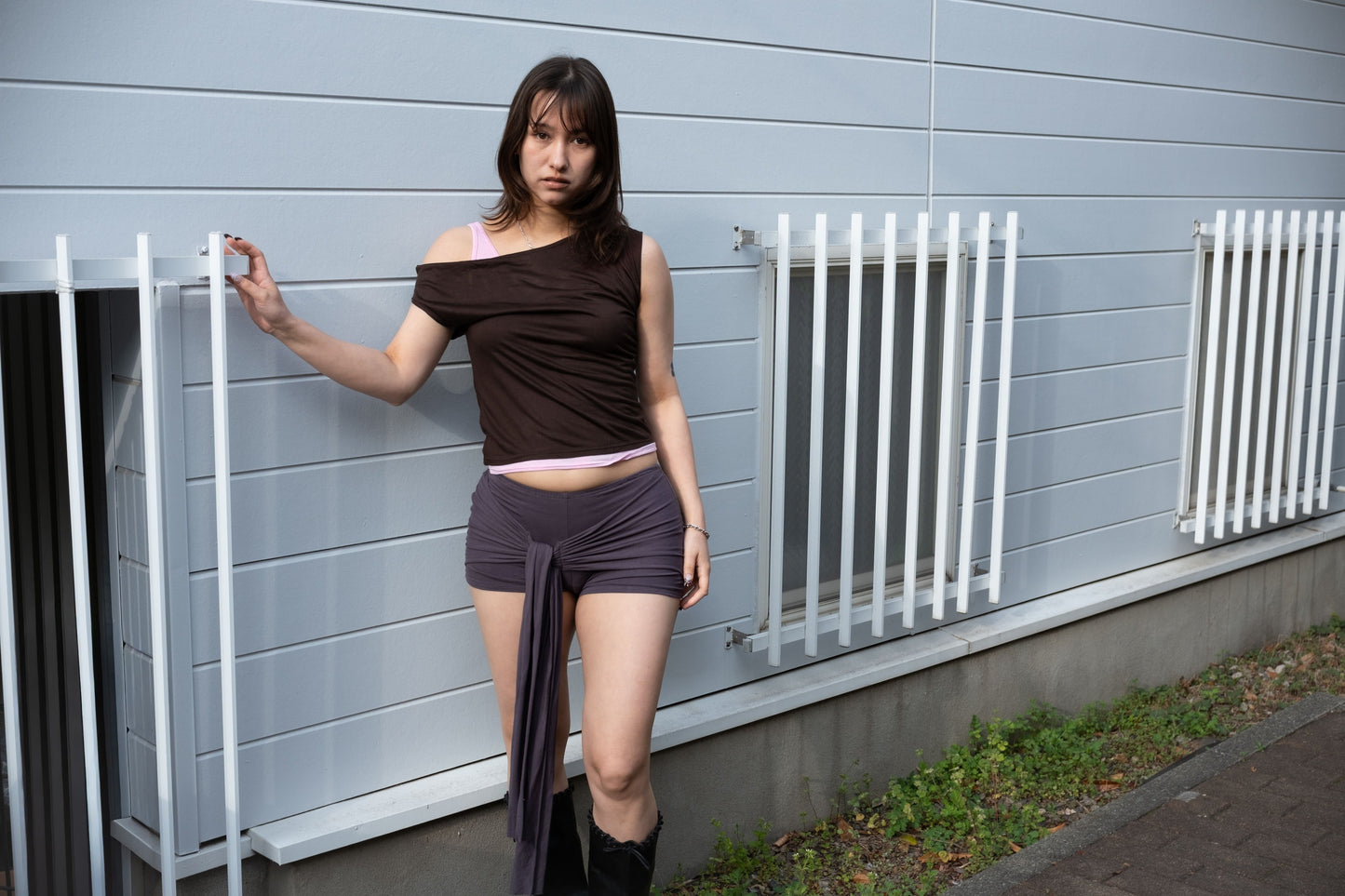 One Shoulder Layered Top in Brown/Gum