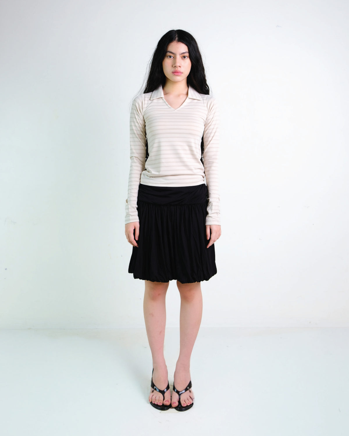 Stripes Long Sleeve Collar Top in Beige