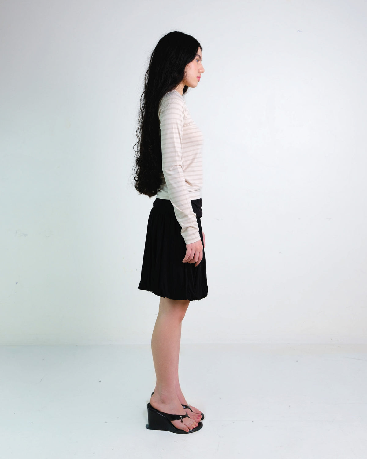 Stripes Long Sleeve Collar Top in Beige