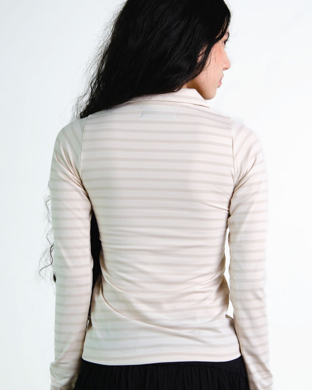 Stripes Long Sleeve Collar Top in Beige