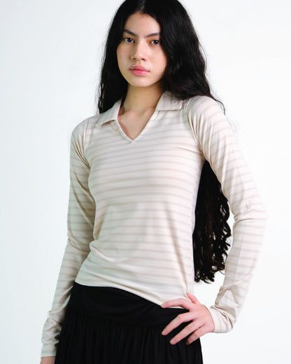 Stripes Long Sleeve Collar Top in Beige