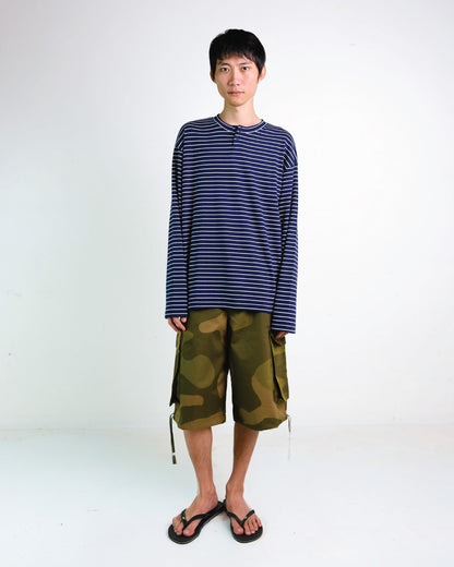 Stripes Henley Long Sleeve Top in Navy