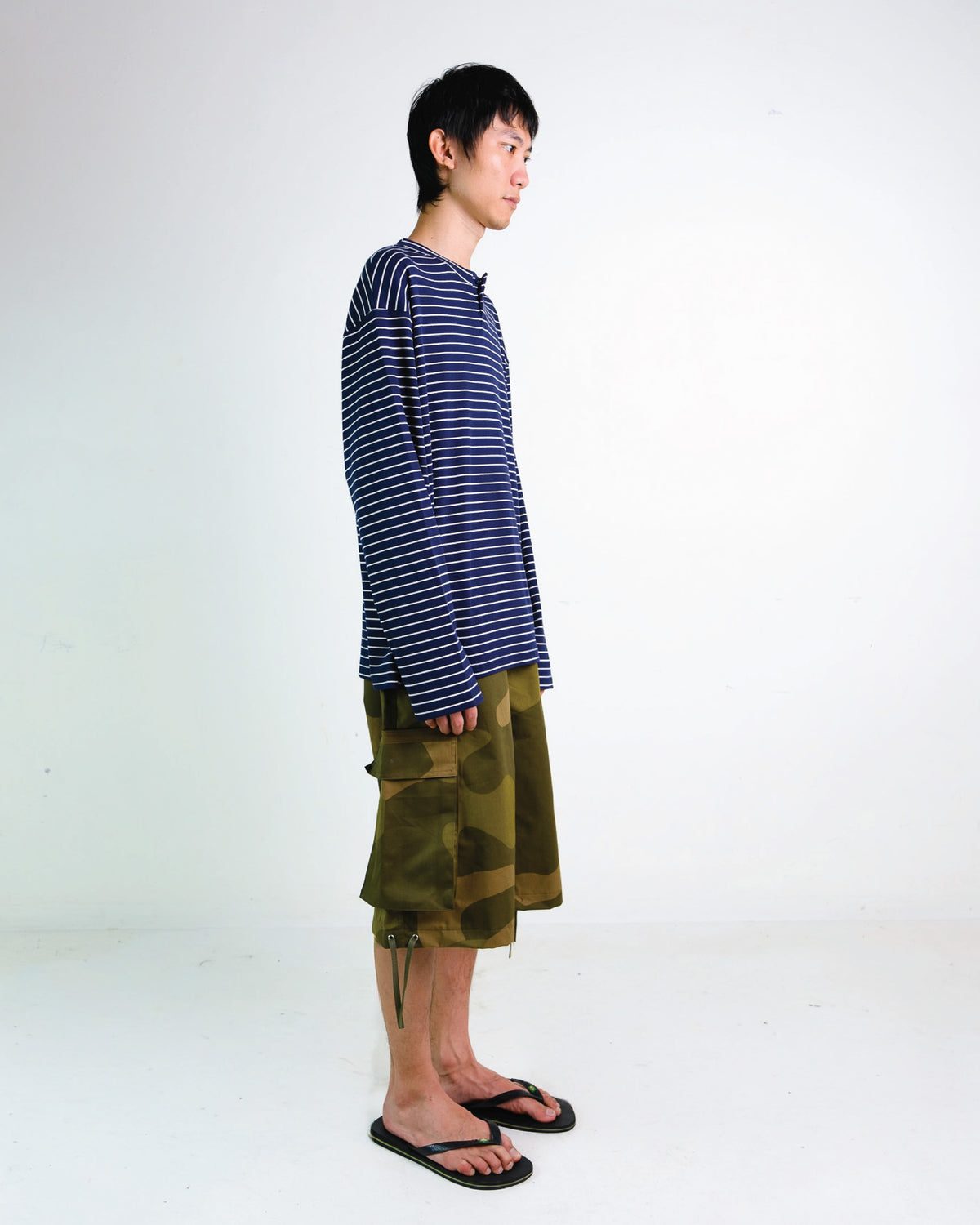 Stripes Henley Long Sleeve Top in Navy