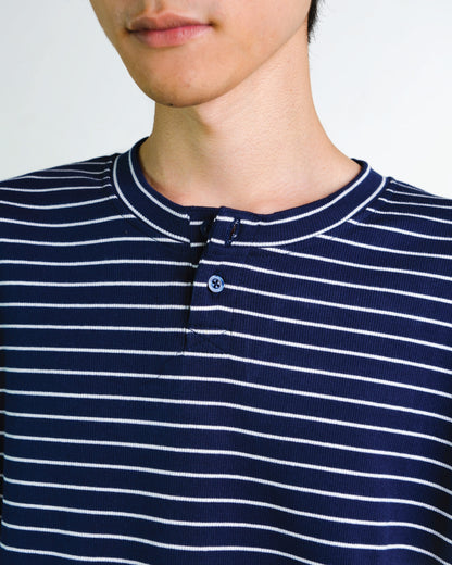 Stripes Henley Long Sleeve Top in Navy