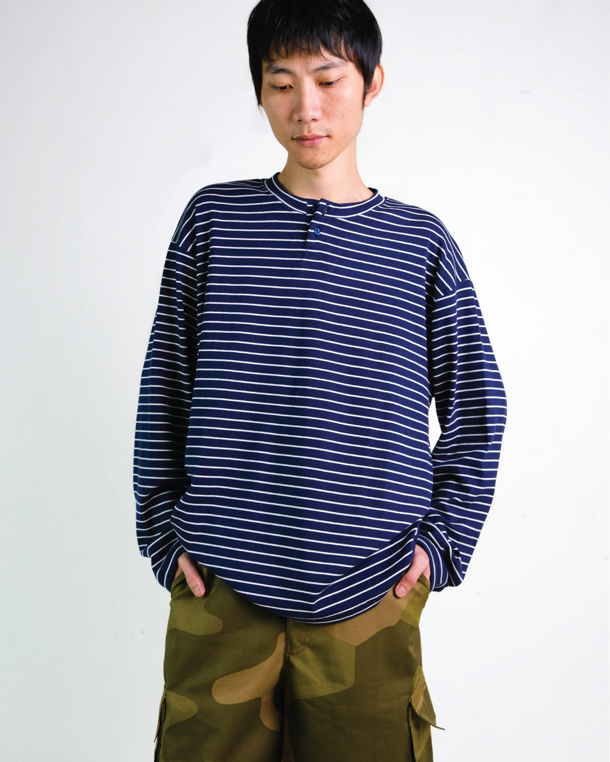 Stripes Henley Long Sleeve Top in Navy