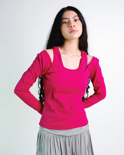 Layered Long Sleeve Rib Top in Fuschia