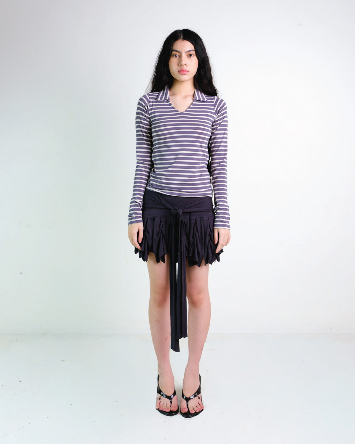 Stripes Long Sleeve Collar Top in Dark Grey