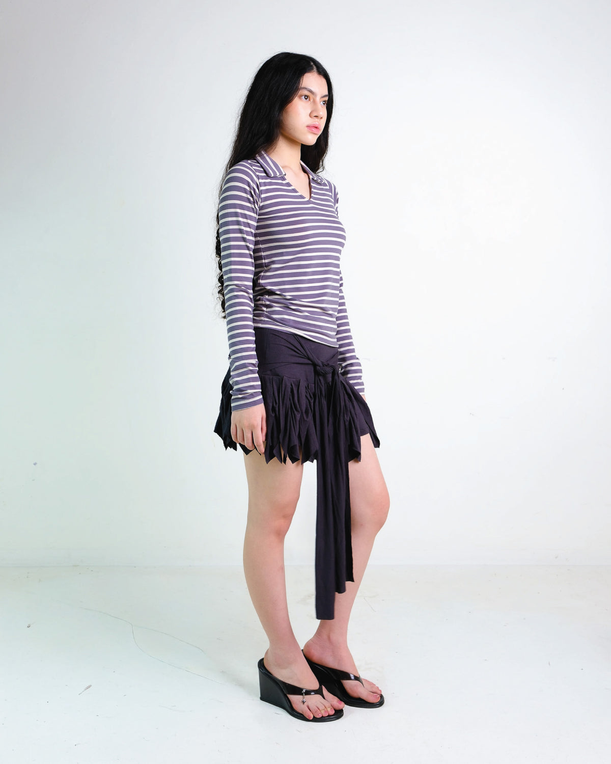 Stripes Long Sleeve Collar Top in Dark Grey