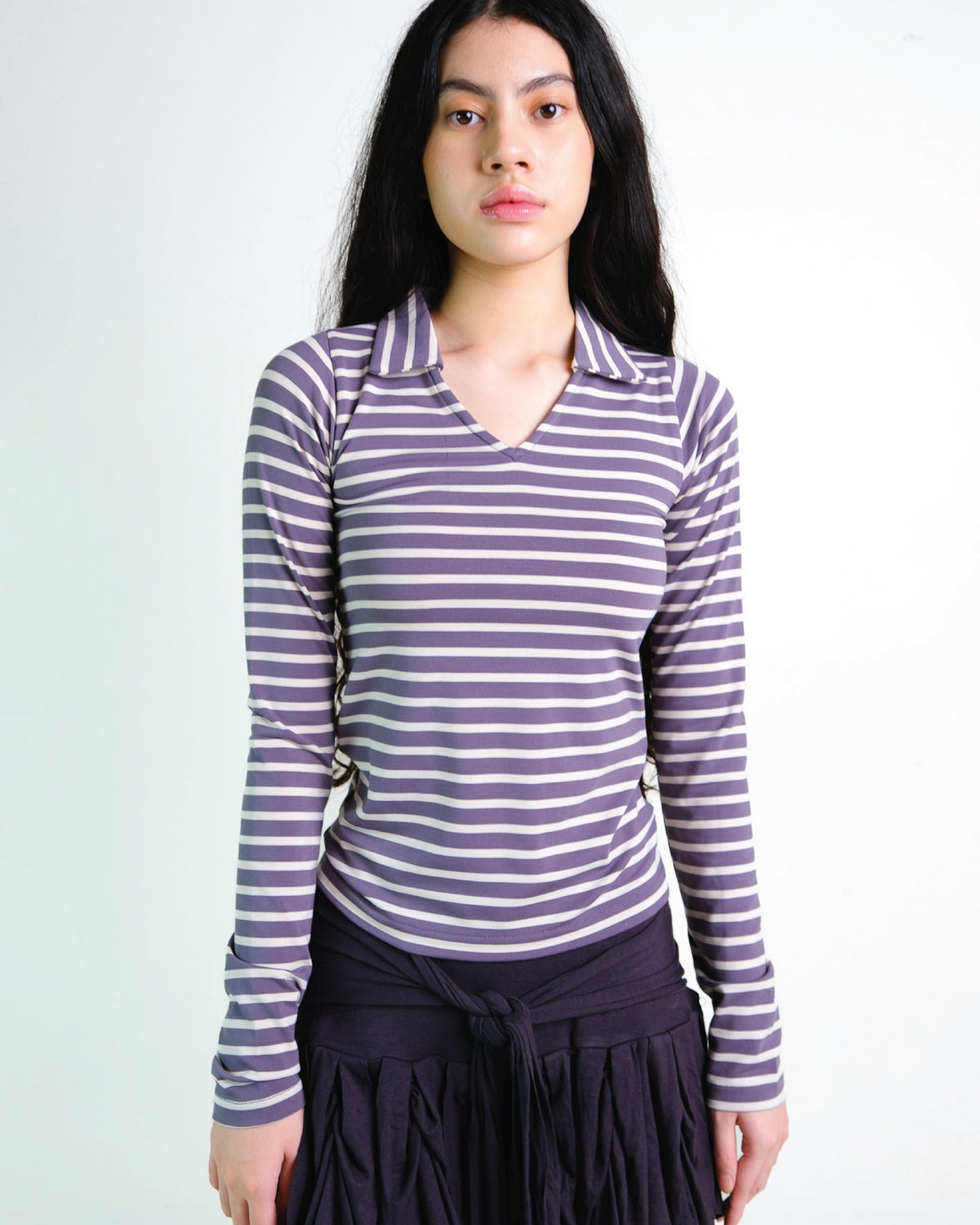 Stripes Long Sleeve Collar Top in Dark Grey
