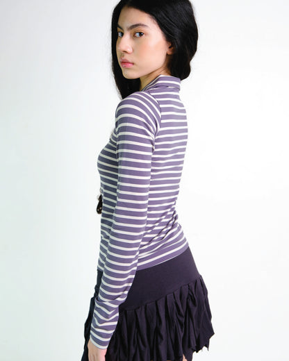 Stripes Long Sleeve Collar Top in Dark Grey