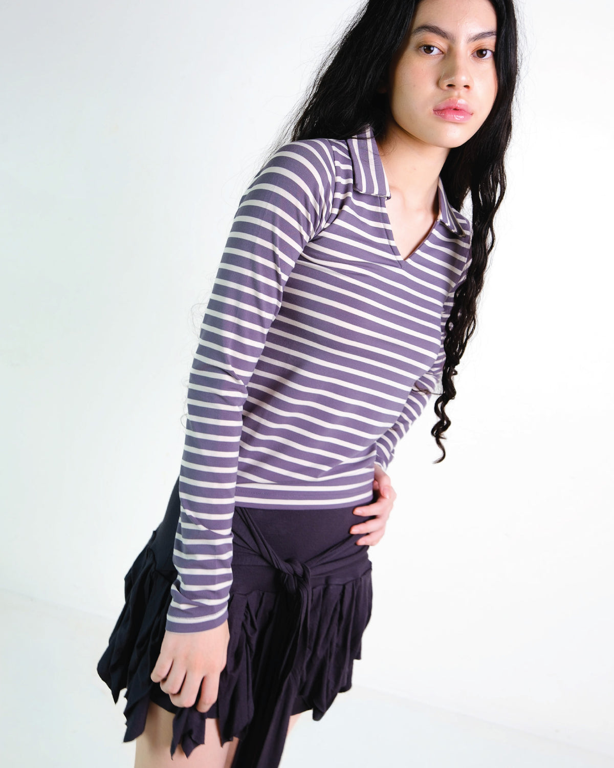Stripes Long Sleeve Collar Top in Dark Grey