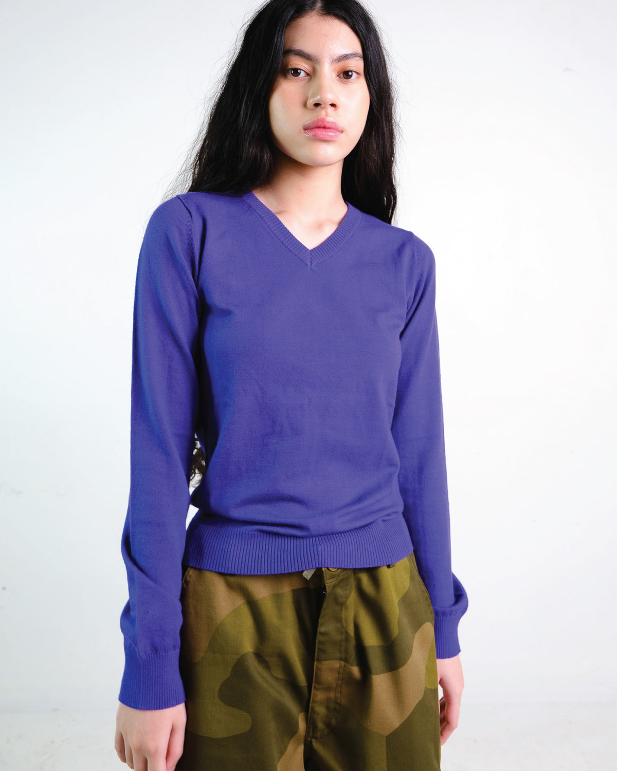 Knit V-Neck Sweater in Purple