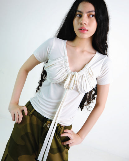 V-Neck Ruched Top in Broken White