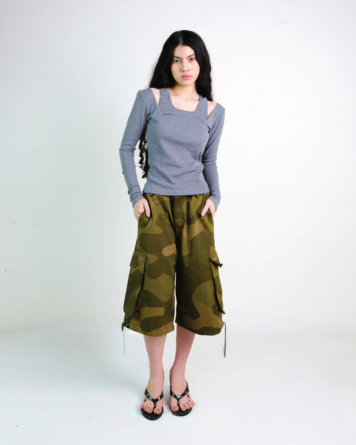 Layered Long Sleeve Rib Top in Grey