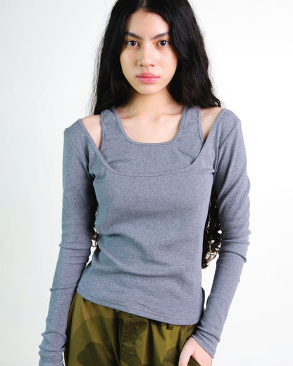 Layered Long Sleeve Rib Top in Grey