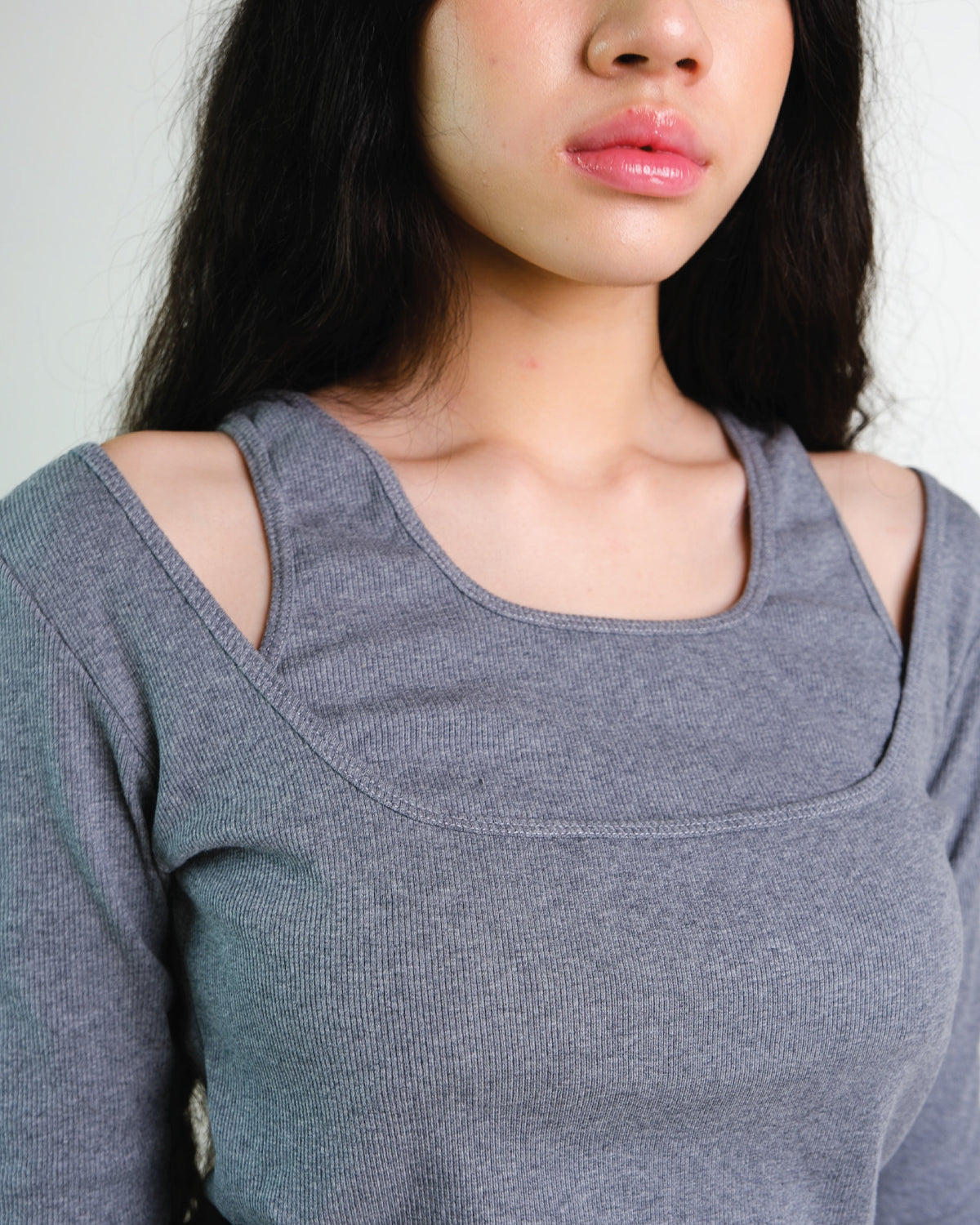 Layered Long Sleeve Rib Top in Grey