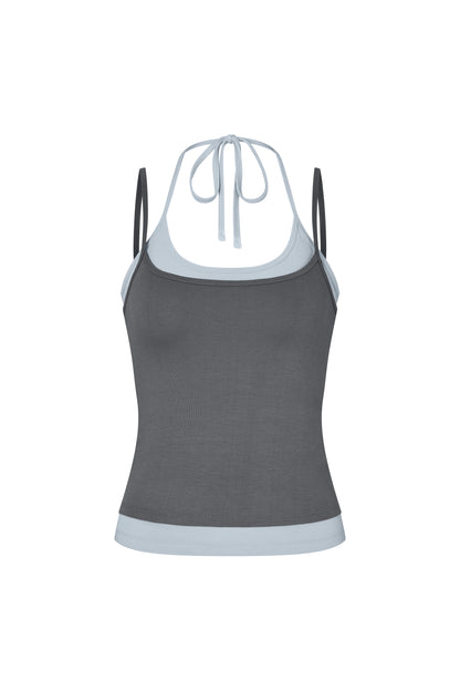 Layered Halter Neck Tank - Charcoal-Sky