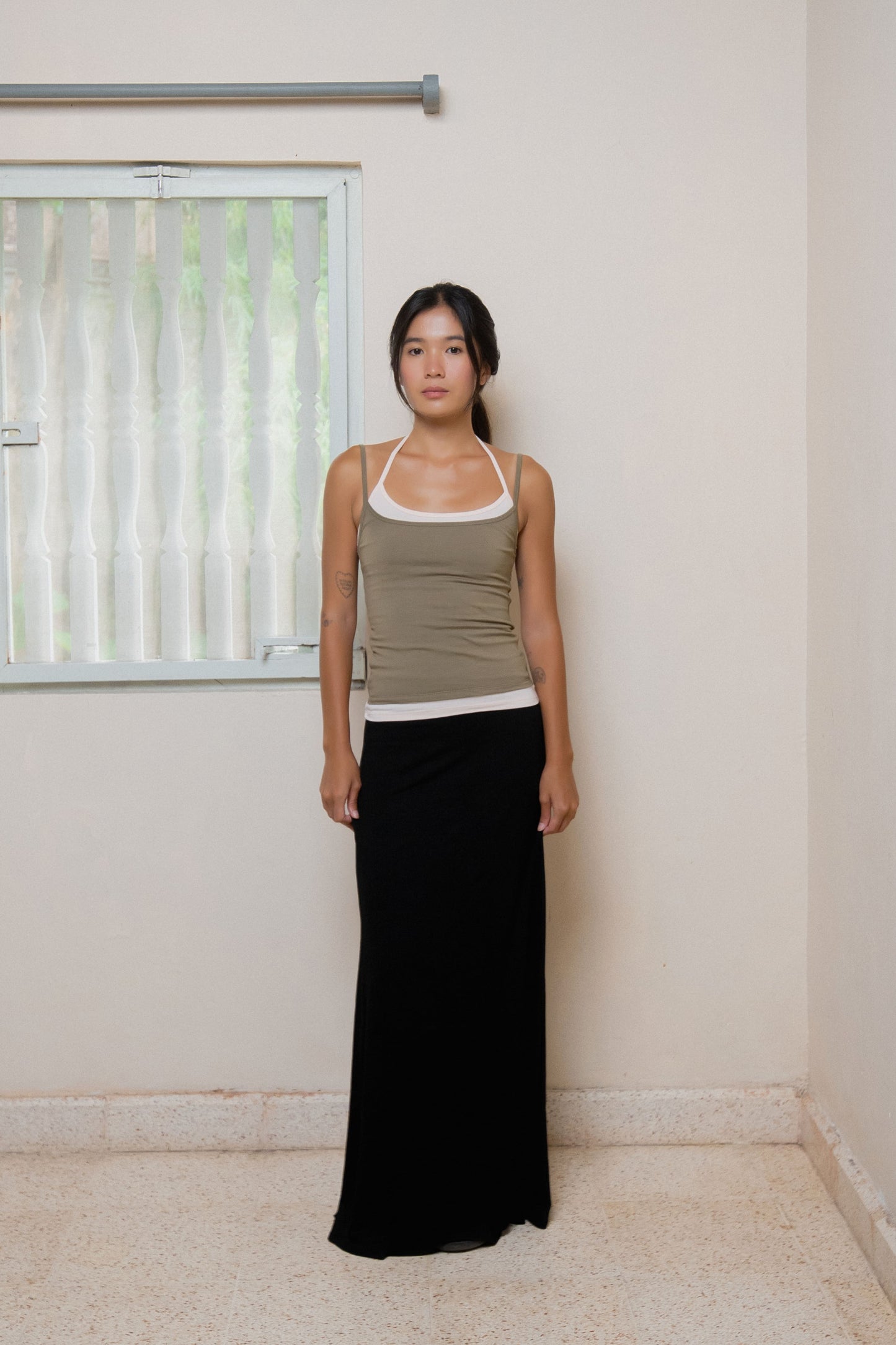 Layered Halter Neck Tank - Moss-Powder