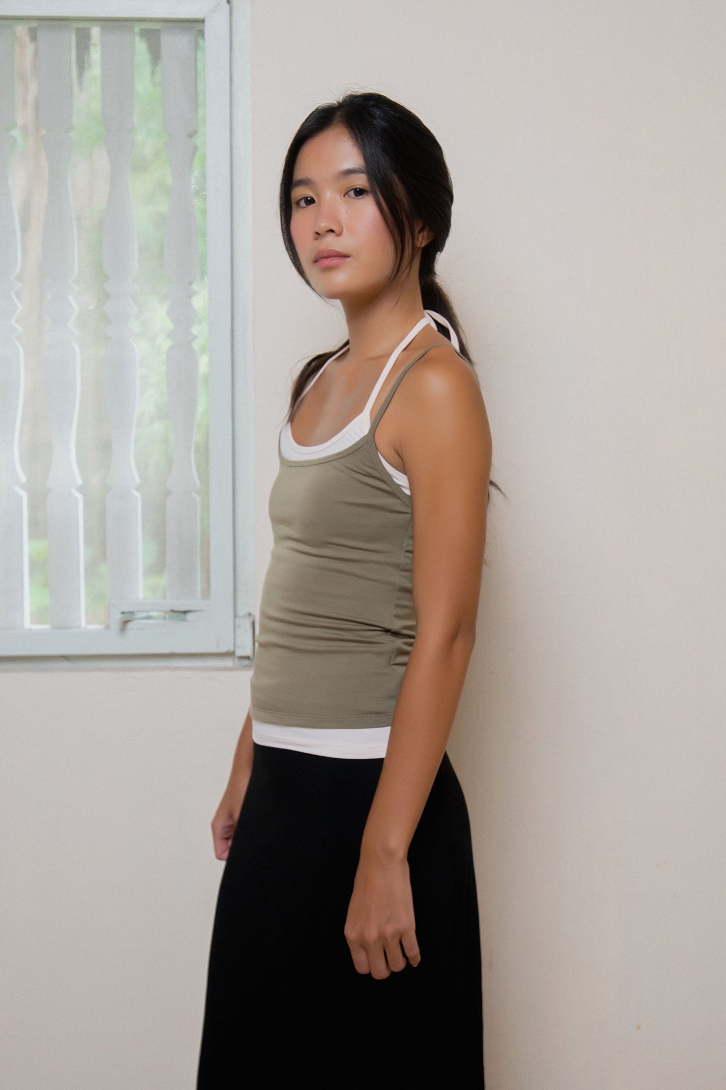 Layered Halter Neck Tank - Moss-Powder