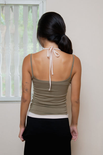 Layered Halter Neck Tank - Moss-Powder