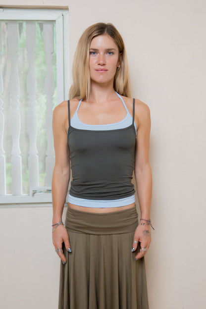 Layered Halter Neck Tank - Charcoal-Sky