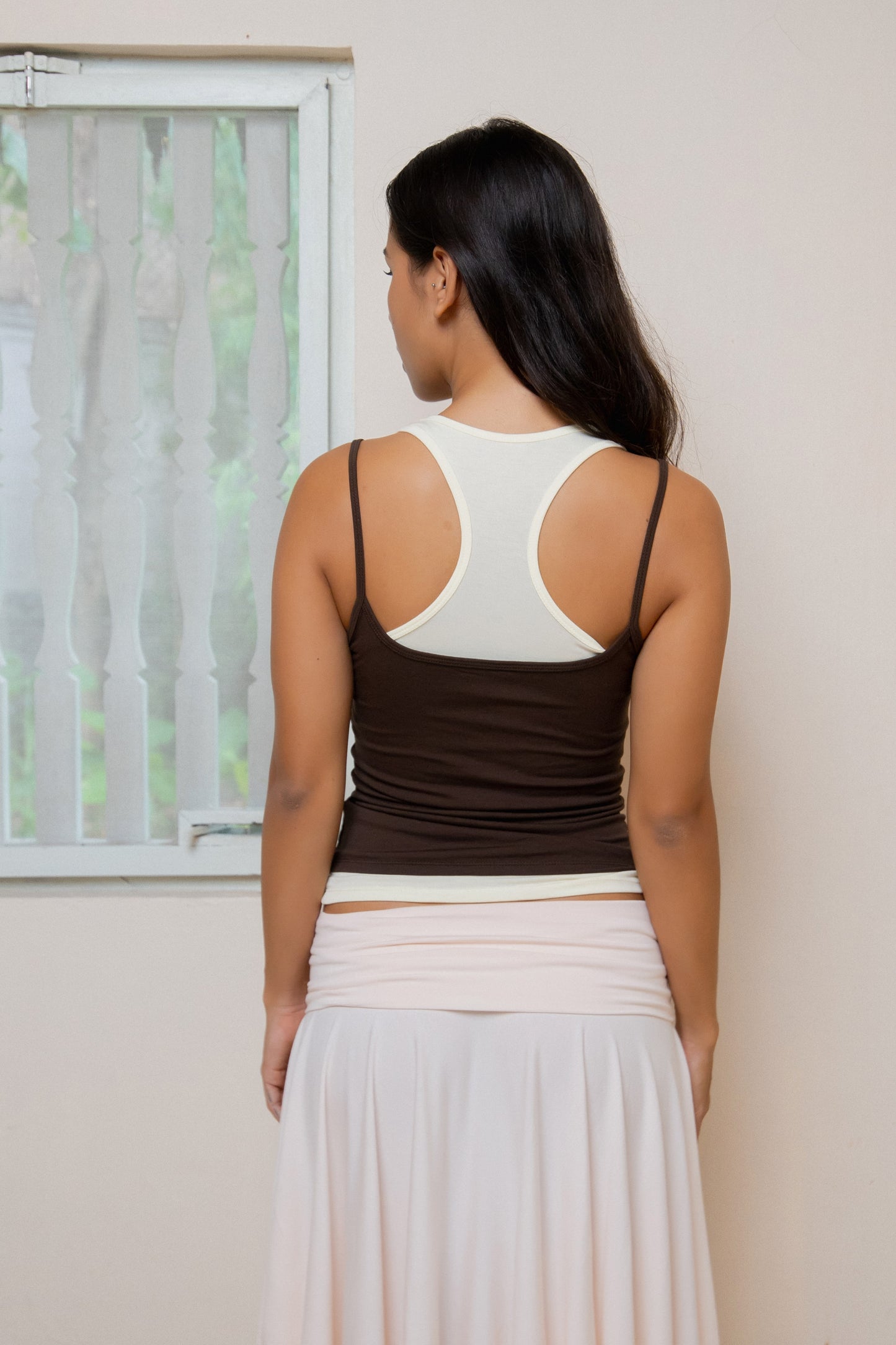 Layered Crew Neck Tank - Brown-Yellow